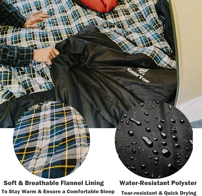 GEERTOP Flannel Sleeping Bags for Adults Big &amp Tall People Portable Cold Weather Envelope XXL All Seasons Camping Sleeping Bag