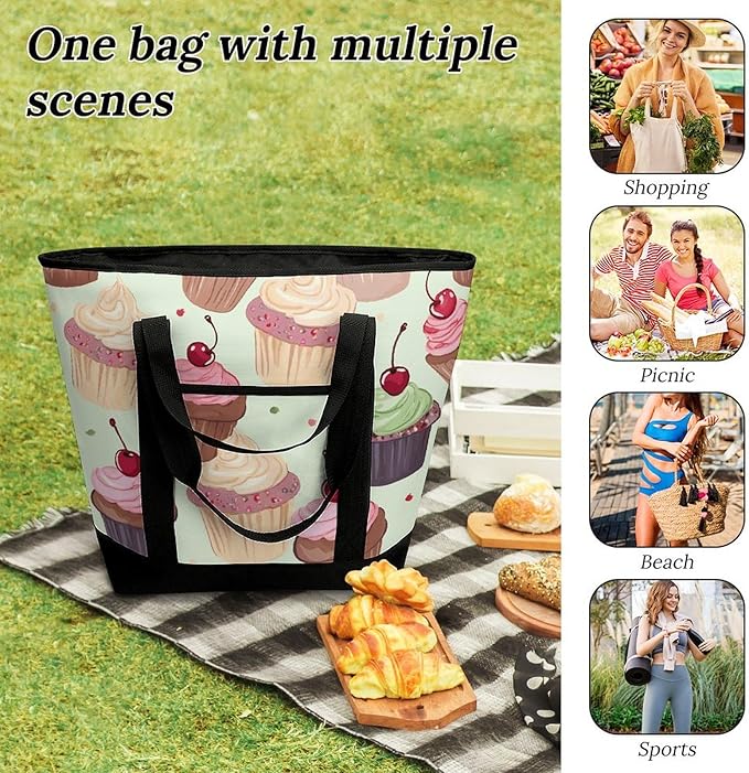 Insulated Shopping BagLarge Reusable Cooler Bags Cupcake Printed Foldable Shopping BagTravel Waterproof Shoulder Bag