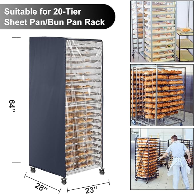 Sheet Pan Rack Cover With Zipper - Fits 20-Tier Bread Rack 23X28X64 - Bakers Rack Cover With Transparent Window Vents for Waterproof and Dustproof Protection