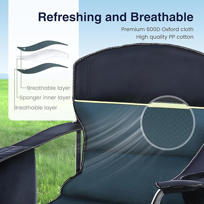 HIGH POINT SPORTS Oversized Camping Folding Chair Heavy Duty Portable Outdoor Chair Foldable Camp Chair with Cup Holder and Cooler Bag Support 450 LBS 2 Pack Green