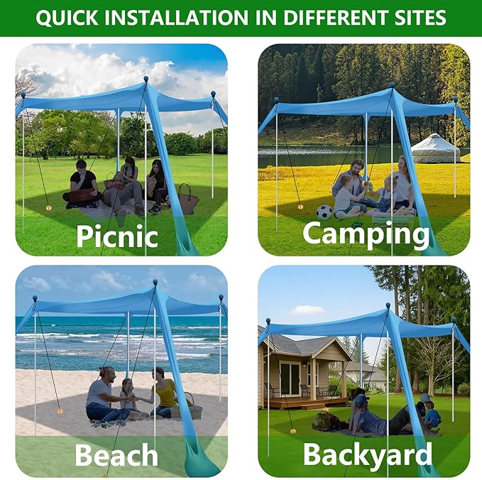 Beach Tent Beach Canopy UPF50+ with Sandbags Sand Shovels Ground Pegs &amp Stability Poles Outdoor Shade Camping Sun Shelter for Camping Trips Fishing Backyard Fun or Picnics