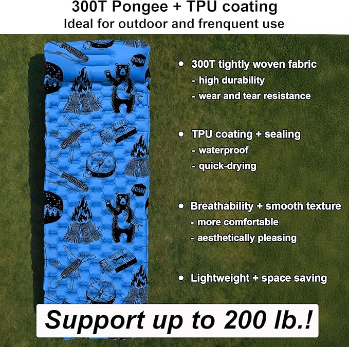Inflatable Sleeping pad for Kids Toddler and Youth | Air Mattress w Built-in Pump 5’5” Ultralight Sleeping Mat with Pillow for Camping Sleepovers &amp Travel | Airpad Kids Cot Camping Mattress -