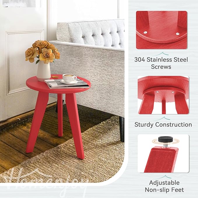 HDPS Outdoor Side Table Small Round Side Table Weather-Resistant Outdoor Side Tables for Patio Porch Deck End Table for Plant Stand Living Room Bedroom Red