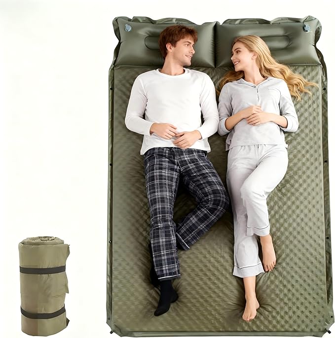 Double Camping Sleeping Pad with Pillow 2 Memory Foam Camping Mattress 2 Person 5R Insulated Self Inflating Camping Pad Air Mattress Inflatable Sleeping Mat for Tent Backpacking Hiking (Khaki)