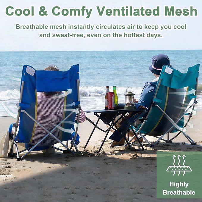 Romswi High Back Beach Chair Compact Lightweight Low Seat Camping Chair Fits in Suitcase 400lbs Heavy Duty Oversized Backpack Chair with Cup Holder &amp Storage Bag Green