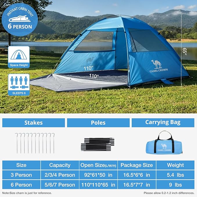 CAMEL CROWN Beach Tent UPF 50+ Sun Shelter for 2/3/5/6 Person Lightweight Portable Sun Shade with Sand Anchor Family Beach Day &amp Outdoor Adventures