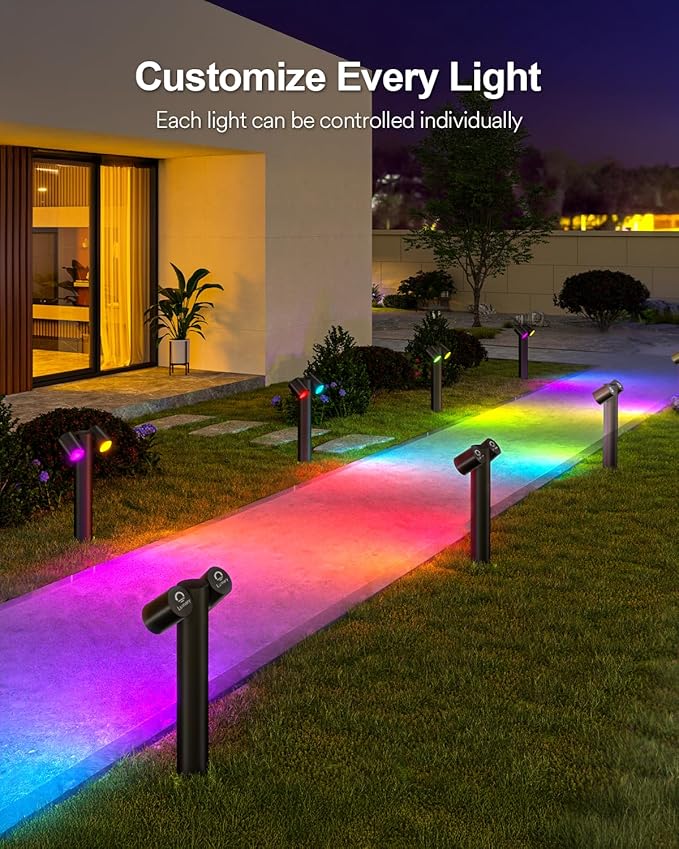 Lumary Smart Pathway Lights Pro 700LM RGBAICW Color Changing Landscape Lights with 8 Adjustable 355° Spot Lights IP65 Waterproof 48FT Wired Outdoor Landscape Lighting WiFi APP/Voice/Remote (4 Pack)