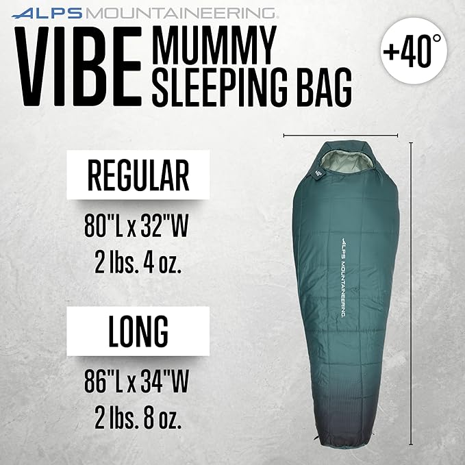 ALPS Mountaineering Vibe +40° Long Sleeping Bag – Lightweight 3-Season Mummy Bag with TechLoft Micro Insulation Ripstop Shell &amp Compression Sack for Camping Hiking &amp Backpacking
