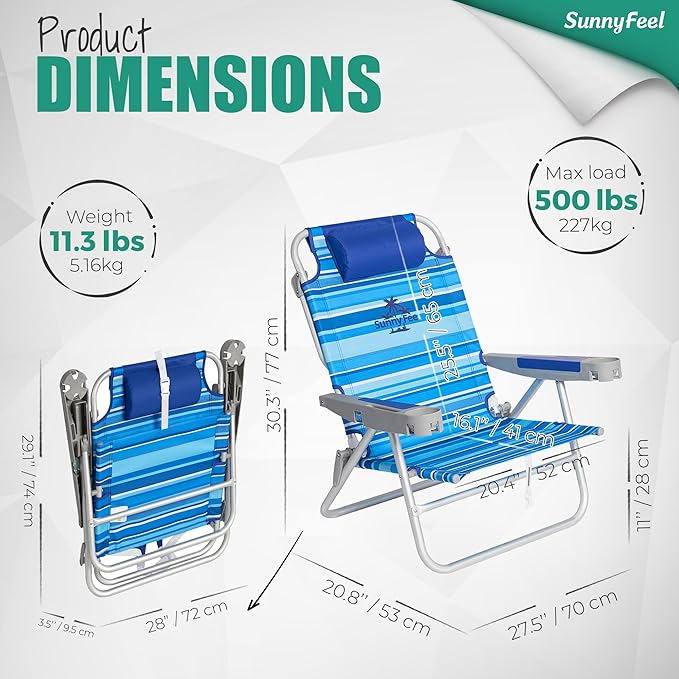 SUNNYFEEL Extra Wide 28 Low Beach Chair 2 Pack 5 Position Lay Flat XL Oversized Portable Folding Camping Chairs with Cup Holder for Outdoor/Trip Foldable Backpack Beach Chair for Adults