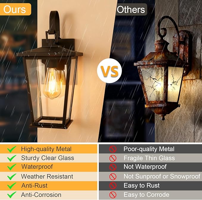 Kalium Outdoor Wall Lights Fixtures Lantern Frame 16 1/8 Outside Lights Black Transitional Durable Metal Clear Glass for Post Exterior Barn Deck House Porch Yard Patio Garage Garden