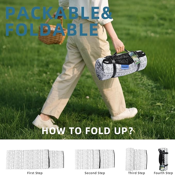 60x80” Double Thickened Picnic Blankets(150g High Density Cotton Stuffed) White Fish Pattern Outdoor Picnic Mat Portable Picnic Blanket Foldable with Leather Carry Strap Beach Blanket