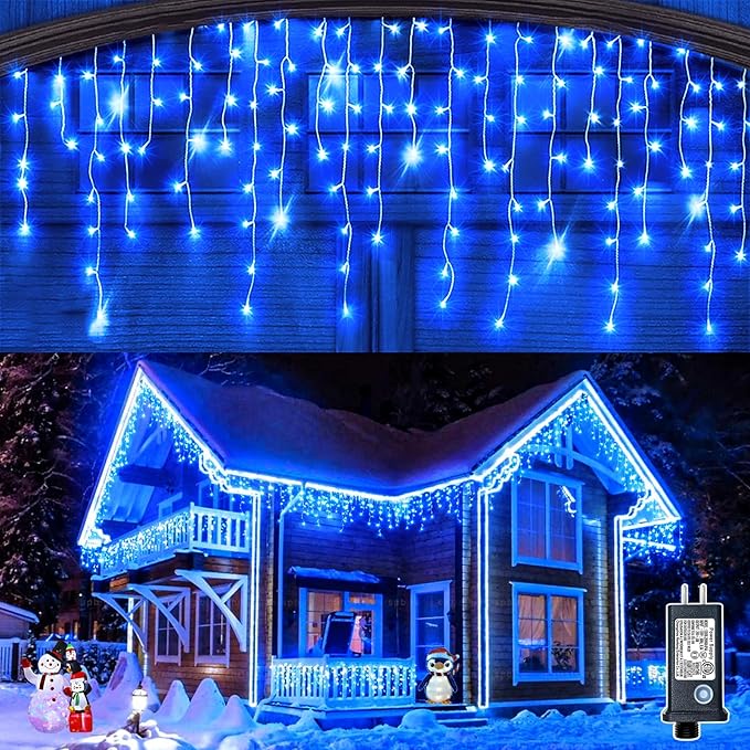 Icicle Christmas Lights Outdoor 99ft 1216 LED Icicle Lights for Outside 8 Modes with 228 Drops Waterproof Plug in Blue Christmas Light for House Indoor Party Holiday Wedding Halloween Decorations