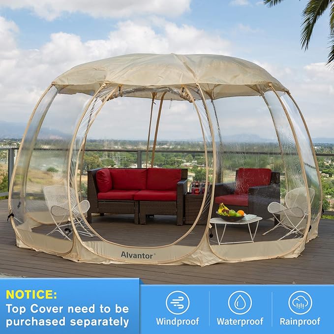 Alvantor® Pop Up Bubble Tent® - 15’ x 15’ Instant Igloo Tent® - 12-15 Person Screen House for Patios - Large Oversize Weather Proof Pod - Cold Protection Camping - Beige