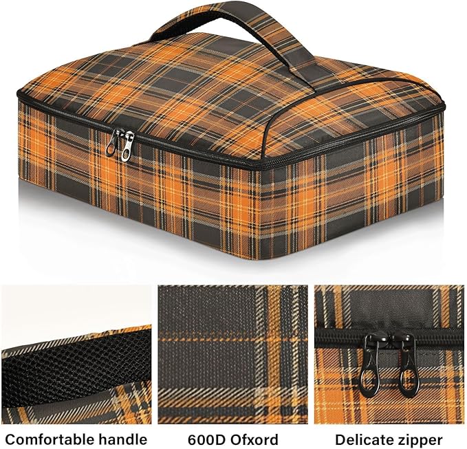 Casserole Carrier Orange and Brown Tartan Pattern Insulated Casserole Carrier for Hot or Cold Food Thermal Lunch Tote for Parties Picnic Travel Carry Bag