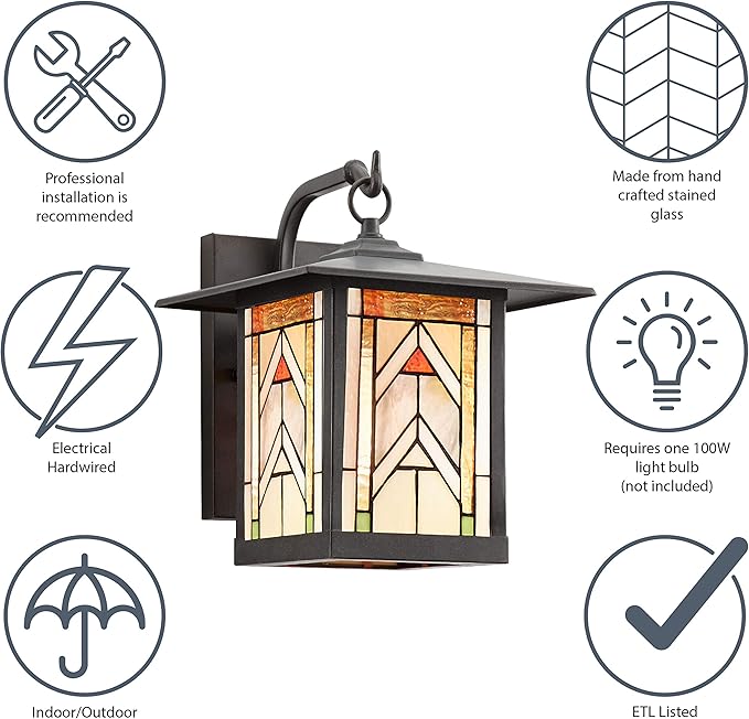 RIVER OF GOODS Stained Glass Outdoor Light Fixture - 11.75 H - Mission Style Porch Light - ‎Niki