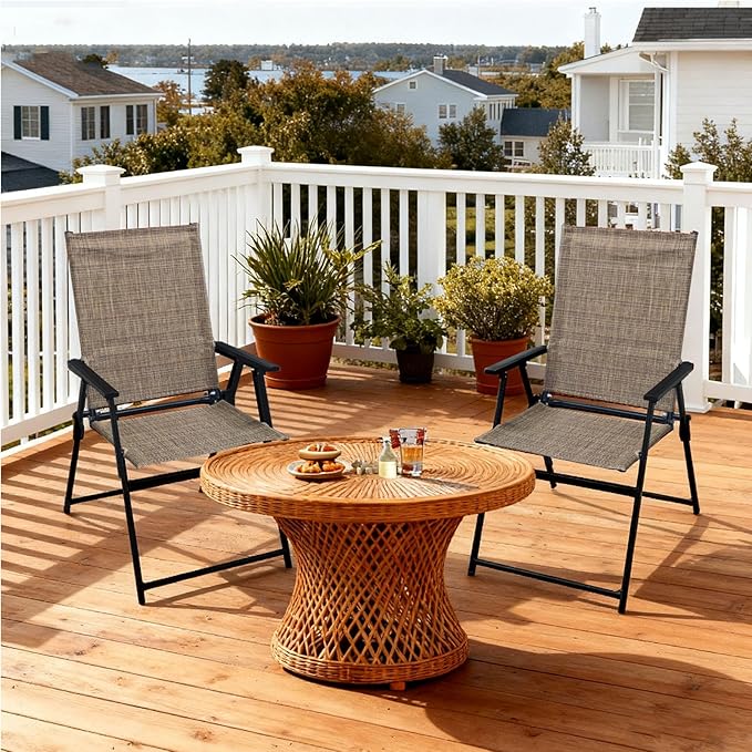 SHGJ&ampSOFT Set of 2 Folding Patio Chairs Outdoor Chair with Armrests for Lawn Garden Pool Beach Yard Lounge Metal Frame No Assembly Camping Chairs (Brown 2pc)