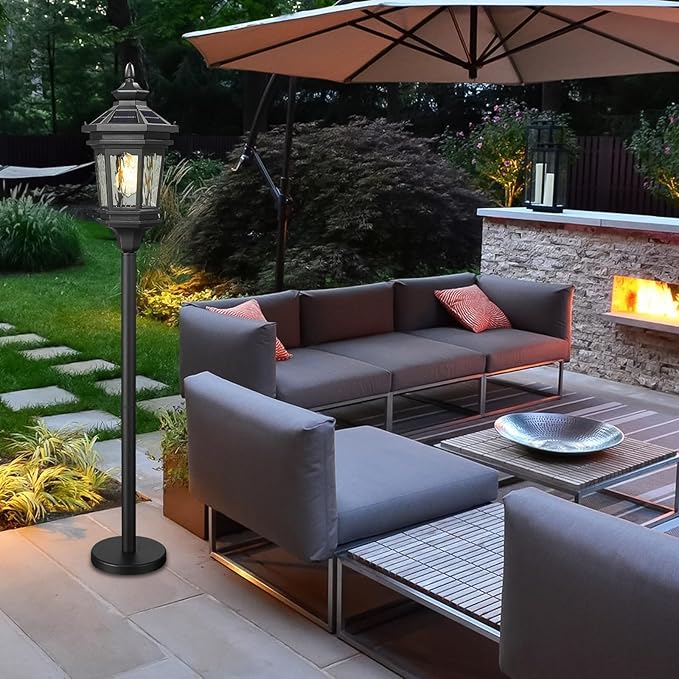 Darkaway Solar Post Light Outside Floor Lamp with Remote Control Waterproof Outdoor Solar Lighting with Water Ripple Glass Shade for Lawn Pool Garden