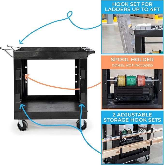 Stand Steady Tubstr 2 Shelf Utility Cart | Heavy Duty Service Cart Holds 400 lbs. | Adjustable Storage Hooks Ladder &amp Spool Holders | Tub Cart for Warehouse Garage School &amp Office (32 x 18i