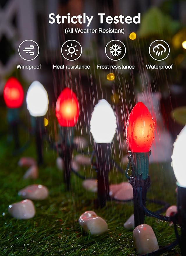 Brightown Frosted C9 LED Christmas Lights Outdoor 2 Packs Total 51.4Ft 40 LED Bulbs Pathway Lights Christmas Decorations Outside Driveway Waterproof Walkway Sidewalk Red and White