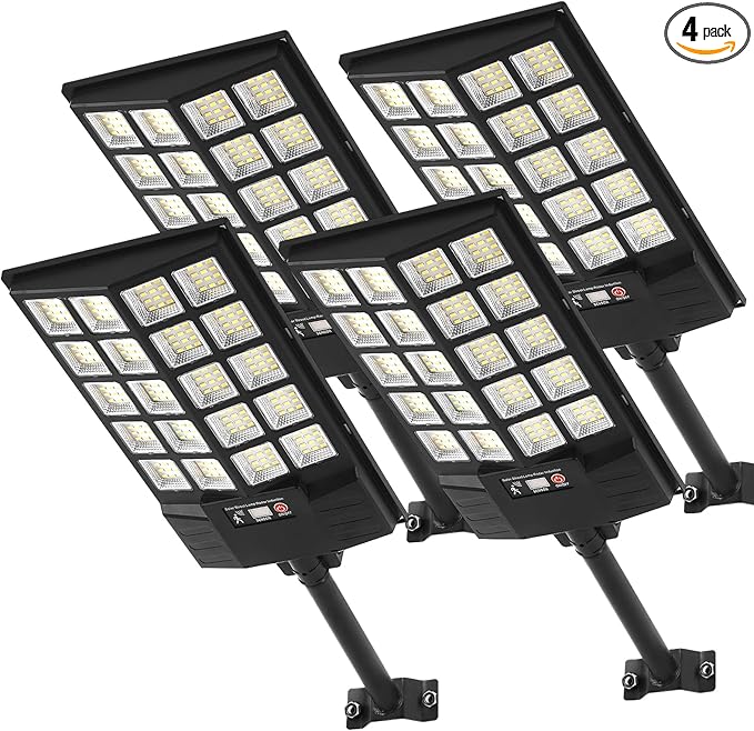 Solar Flood Lights Outdoor Waterproof Motion Sensor Street Light with Remote Control Dusk to Dawn Security Lighting for Commercial Parking Lot Yard (4 Pack)