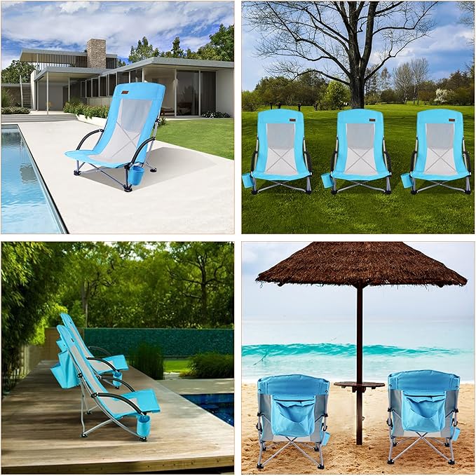 Nice C Compact High Back Beach Chair for Adults w/ Cooler Cup Holder &amp Carry Bag - Heavy Duty for Outdoor Camping BBQ Travel Picnic Festival (One Blue)