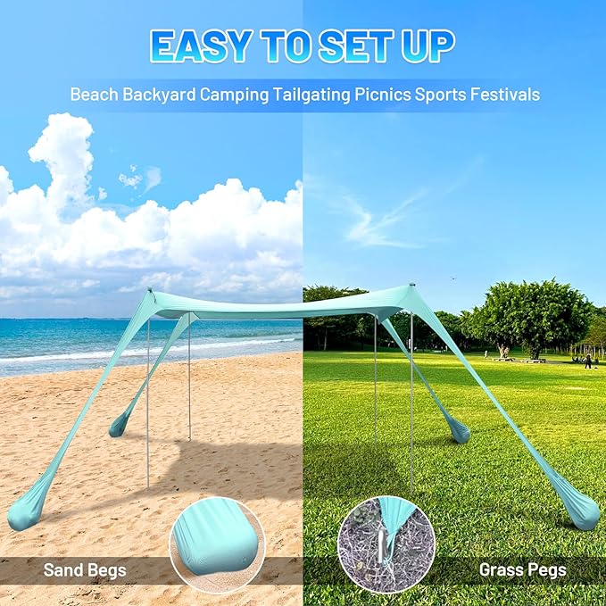 BOTINDO Family Beach Tent Canopy Sun Shade Pop Up Grande Beach Tent Sun Shelter Stability 4 Poles with Portable Carry Bag Outdoor Shade for Fishing Backyard Camping (Mint Green 10x10FT 4Pole)