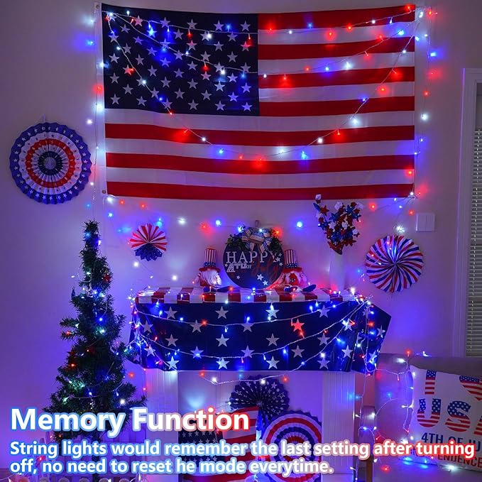 YEGUO 165ft 500 LED Red White and Blue Lights 4th of July Decorations String Lights Plug in Indoor Outdoor 8 Modes Clear Wire Patriotic Light for Independence Day Holiday Memorial Day Party Decor