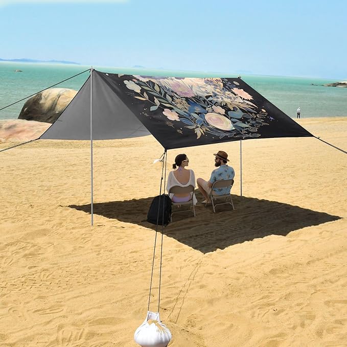 Bolaz Beach Canopy Tent Sun Shade9'×10.5' Large Family Beach Shade UPF50+- Outdoor Shade for Camping Trips FishingFlowers Moon