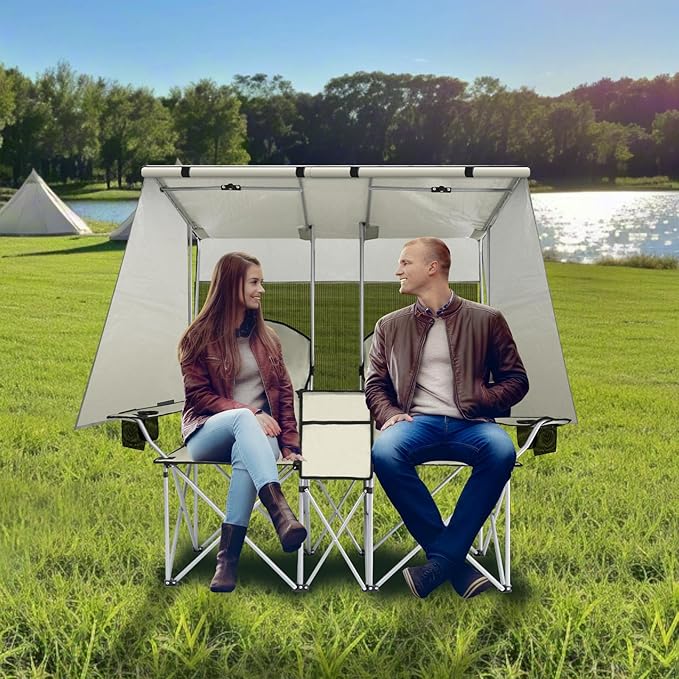 PLKO Portable Double Camping Chair with Canopy ShadeHeavy Duty Beach Chairs for AdultsFolding Beach Chair with Cooler Bag for Sports Backyard Fishing Outside（White）