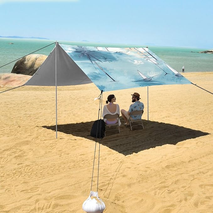 Palm Trees Blue Beach Tent Sun Shelter 9.2' x 10.5' Beach Canopy with 4 Sandbags 4 Stability Poles Sand Shovels - Tent Canopy for Beach Camping Fishing Picnics