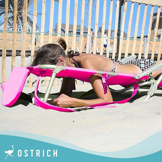 Ostrich Portable Deluxe 3-in-1 Padded Sports Chair w/5 Positions and Footrest &amp Chaise Lounge Folding Steel Frame Beach Chair w/4 Positions Pink