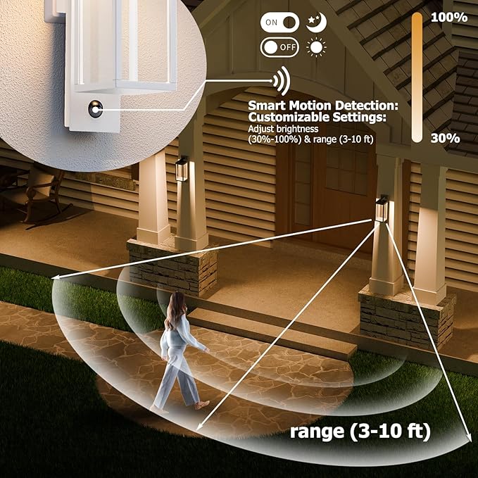 Outdoor Wall Light with Motion Sensor 15inch White Waterproof LED Coach Light for Porch Front Door Garage Patio Garden – Durable Tempered Glass Exterior Lighting Fixture Security Light for House