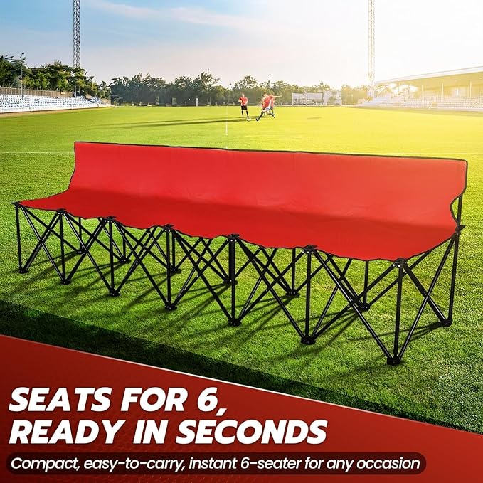 Flexzion Portable Folding Bench Seat 6 Seater Collapsible Soccer Bench Portable Bench Seats for Bleachers Camping Sideline with Back Rest and Carrying Bag Red