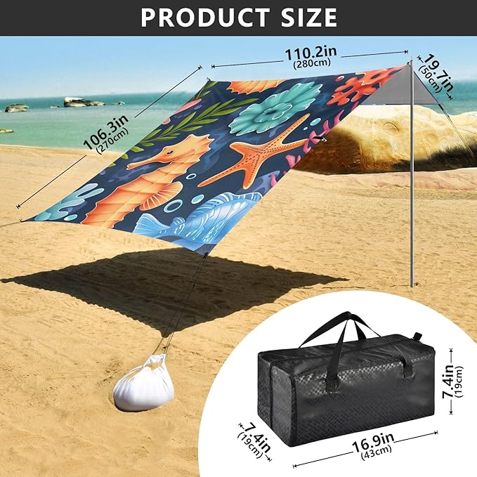 Seahorse Starfish Coral Cartoon Camping Sun Shelter Beach Tent Portable Beach Sun Shade Outdoor Canopy for Camping Trips Fishing Picnic