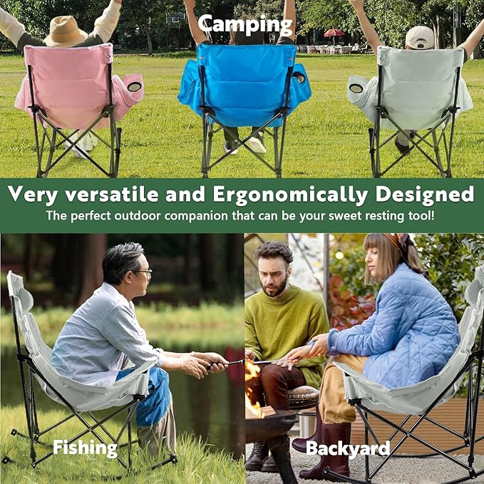 VITESSE Oversized Rocking Camping Chair Luxury Padded ReclinerOversized Folding Lawn Chair with Pocket and Carry BagOutdoor Camp Rocker Chairs for Adults Heavy Duty 300 LBS (Grey)