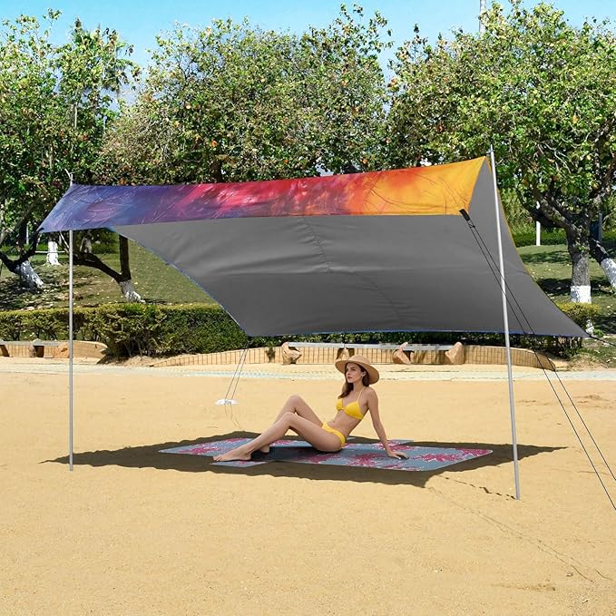 ALAZA Swirl Tie Dye Rainbow Color Beach Tent Sun Shelter UPF50+ Protection Beach Shade Canopy w/ 4 Sandbags for Outdoor Camping Fishing Backyard Fun Picnic 10x9 ft
