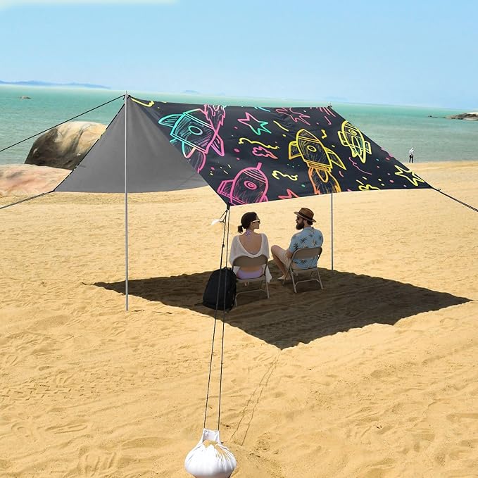 Neon Rocket Star Camping Sun Shelter Beach Tent Portable Beach Sun Shade Outdoor Canopy for Camping Trips Fishing Picnic