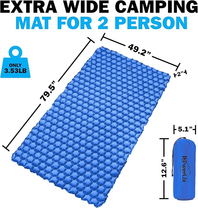 POWERLIX Double Inflatable Sleeping Pad - Camping Mattress for Backpacking Hiking Traveling Compact Camping Sleeping Mat for 2 Person Portable Ultralight Camping Pad Air Mattress Blue