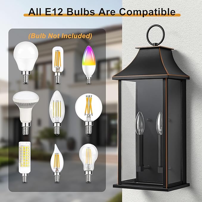 Outdoor Wall Lights Dusk to Dawn Large Outside Wall Lantern Sconce Modern Fixture with Brown Trim Exterior Lamp for House Porch Garage 2-Light (20.6 Inch Black)