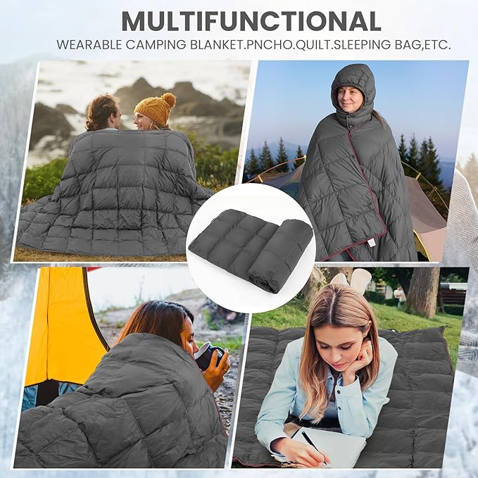 Upgraded Hooded Down Camping Blanket Waterproof 650 Fill Puffy Poncho Blanket 77 x 50 Packable Wearable Sleeping Bag with Detachable Hat Outdoor Stadium Camping 1.36 lb(Grey)