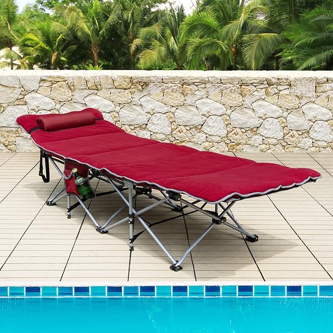 Goplus Camping Cot Folding Camping Cot with Mattress Pillow Carry Bag Storage Pocket Camping Bed Military Cot for Home Office Nap Hiking Heavy-Duty Portable Sleeping Cot for Adults Kids (Wine)