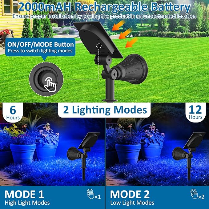 T-SUNUS Blue Solar Lights Outdoor Christmas 2 Modes Garden Spotlights Waterproof IP65 Auto On/Off Security Landscape Pond Spot Light for Tree Flag Patio Garage Yard Driveway Pool Halloween 2 Pack