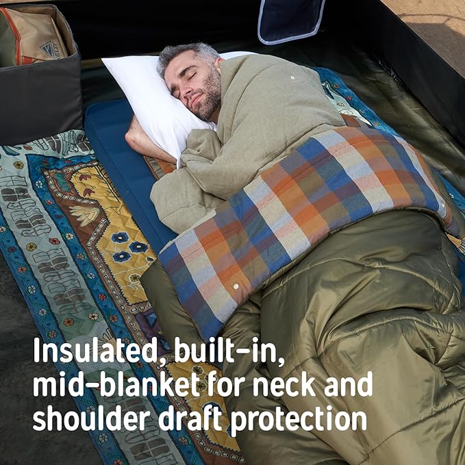 Kelty Wayback Flannel Lined Sleeping Bag Built in Blanket Traditional Rectangle Shape Organic Flannel Cotton Liner Dual Locking Slide Zips