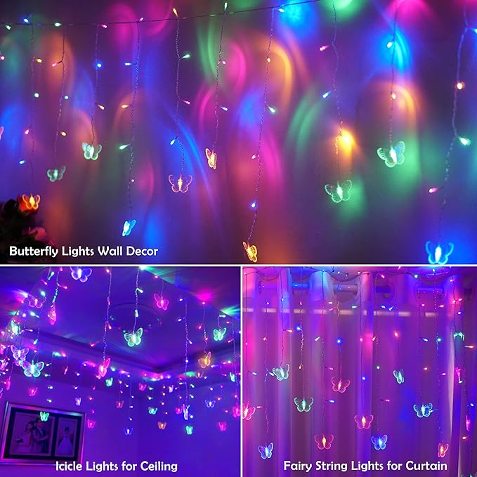 120 LED 20FT Butterfly Curtain Fairy Lights USB Pluged - 8 Modes Starry Twinkle Icicle String Lights with Remote Timer Waterproof for Kids Bedroom Christmas Wedding Party Dorm(Multicolor2)
