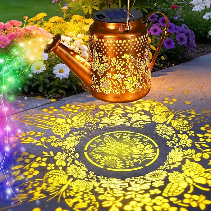 ANGMLN Butterfly Solar Lights Outdoor Waterproof Birthday Gifts for Mom Grandma Women Solar Watering Can Lights with Shepherd Hook Metal Hanging Lantern Garden Decor Yard Outside Patio Lawn