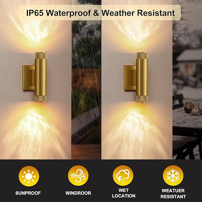9 Inch Modern Outdoor Wall Light Waterproof Gold Up and Down Exterior Wall Sconce 2-Light Porch Light Fixture for Patio Garage Front Door