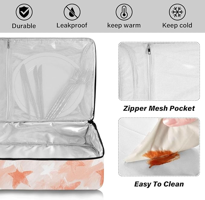 Casserole Carrier Pinkish Stars PatternInsulated Casserole Carrier for Hot or Cold Food Thermal Lunch Tote for Potluck Parties Picnic Beach Fits 9 x 13 Inches Baking Dish
