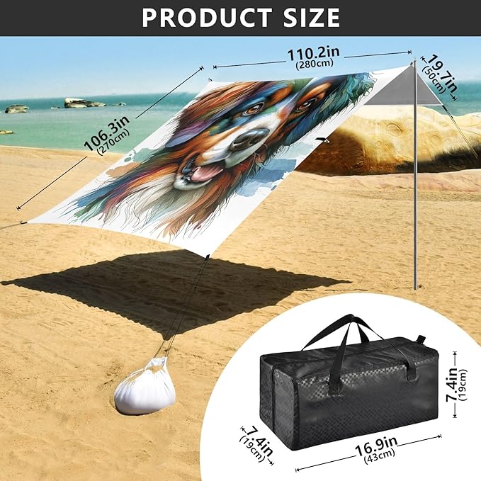 ALAZA Dog Golden Retriever Beach Tent Sun Shelter UPF50+ Protection Beach Shade Canopy w/ 4 Sandbags for Outdoor Camping Fishing Backyard Fun Picnic 10x9 ft