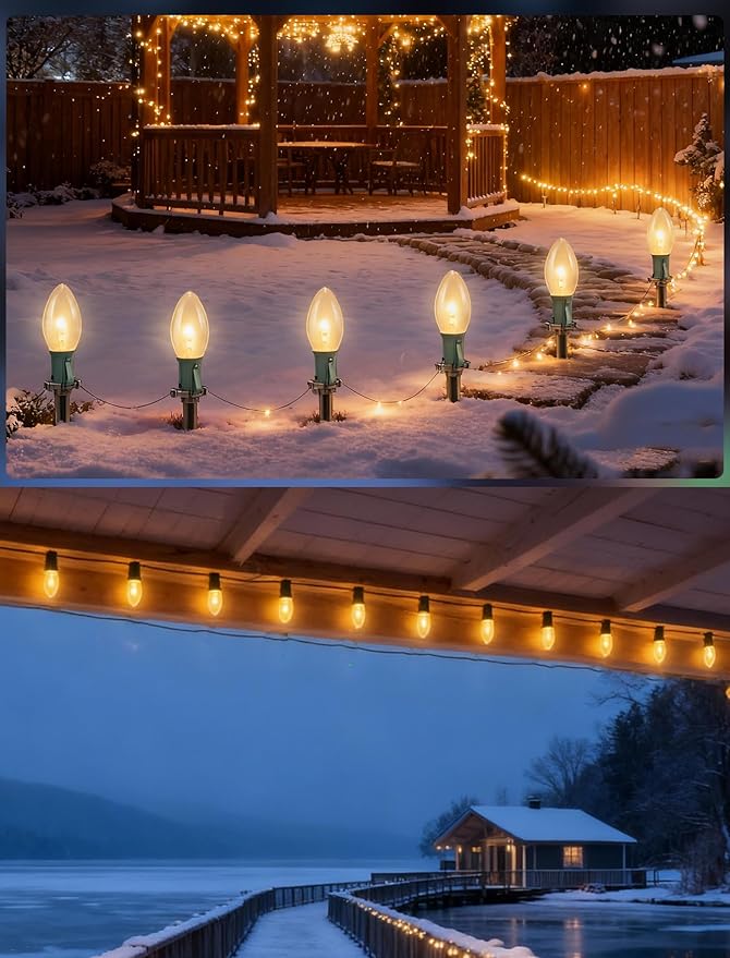 C9 Christmas Pathway Lights Outdoor 38Ft Outside Christmas Decorations with 25 7W Clear Bulbs and Stakes Waterproof Walkway String Lights for Outside Driveway Sidewalk Yard Path Holiday Xmas Decor