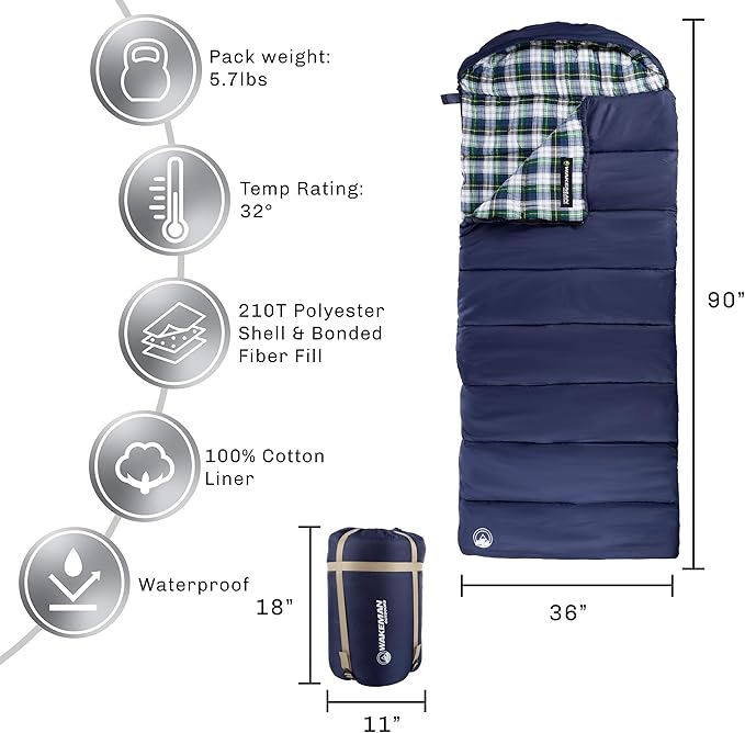 Sleeping Bag - 32F Comfort Rated 3-Season Envelope-Style Sleep Bag with Hood for Backpacking Hiking and Camping by Wakeman